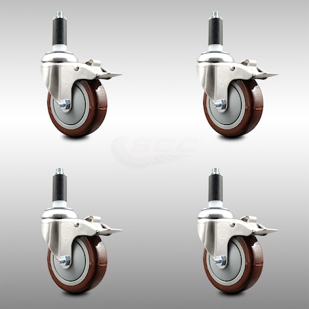 Service Caster 4 Inch 316SS Maroon Poly Swivel 1-1/8 Inch Expanding Stem Caster Set Lock Brake SCC-SS316TTLEX20S414-PPUB-MRN-118-4